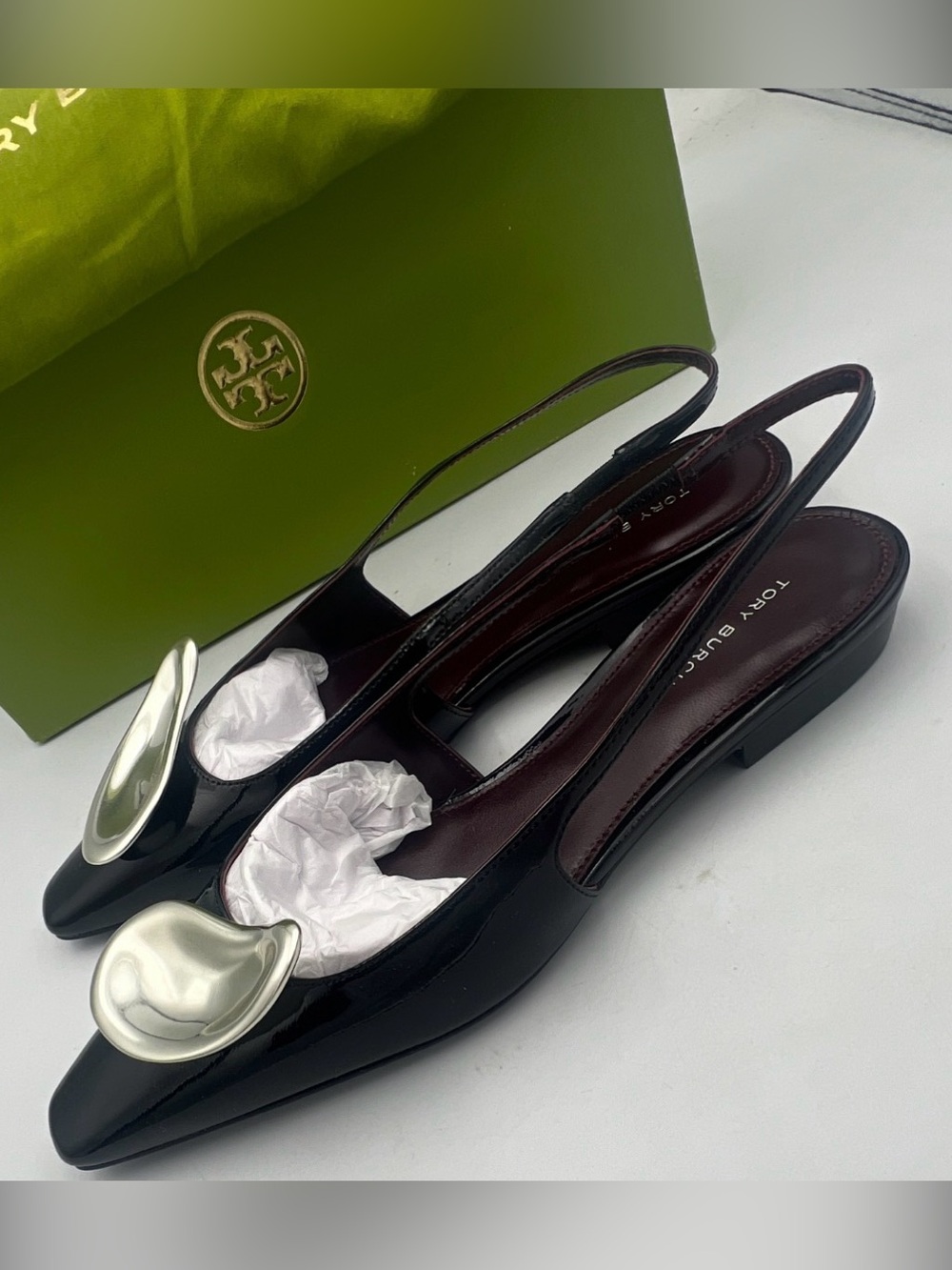 TORY BURCH Patos Leather Slingback Flats Pointed Toe Logo Women’s 7M NEW w/Box - Picture 5 of 16